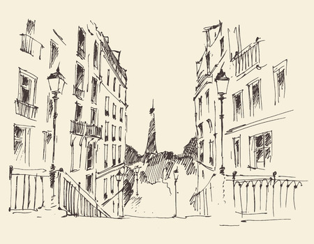 Streets in Paris France Vintage illustration hand drawnのイラスト素材
