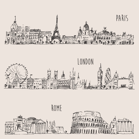 London, Paris, Rome vintage  hand drawn sketchのイラスト素材