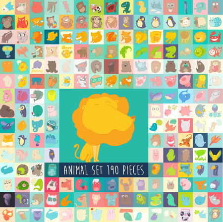 Cute cartoon animals set, vector illustration, hand drawnのイラスト素材