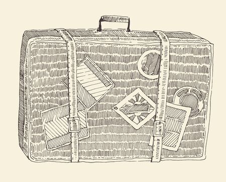 Suitcase luggage vintage illustration, engraved retro style, hand drawn, sketchのイラスト素材