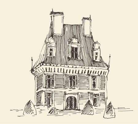 French province, wine label design, architecture vintage engraved illustration hand drawn sketchのイラスト素材