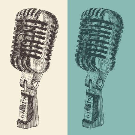 studio microphone vintage illustration, engraved retro style, hand drawn, sketch vectorのイラスト素材