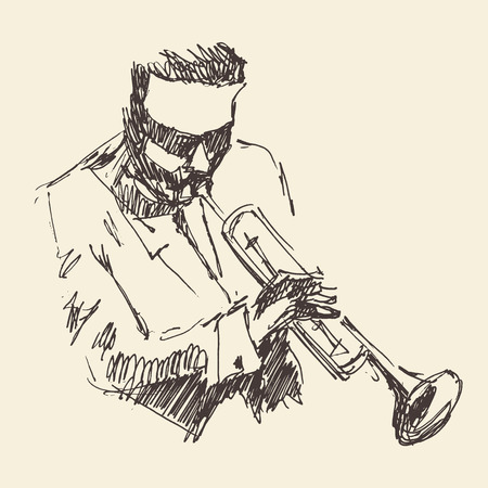 JAZZ Man Playing the Trumpet  hand drawn, sketch vectorのイラスト素材