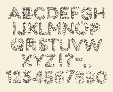 Mechanical meccano cartoon robot font type engraved vector hand drawのイラスト素材