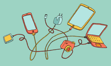 Electronic devices vector illustration connection business concept, new technology. Cartoon hand...