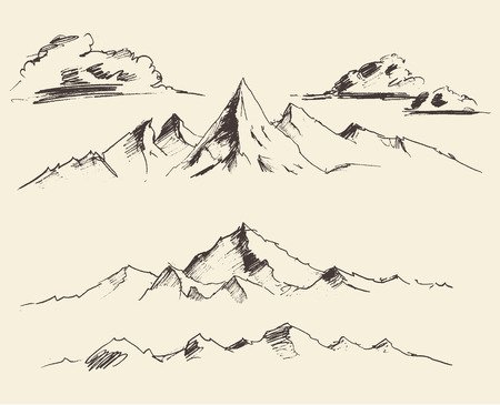 Mountains contours of the mountains engraving vector illustration hand drawn sketchのイラスト素材