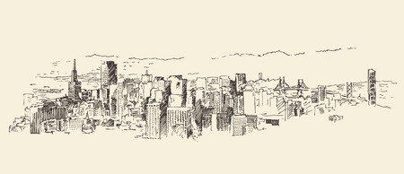 San Francisco big city architecture vintage engraved illustration hand drawn sketchのイラスト素材
