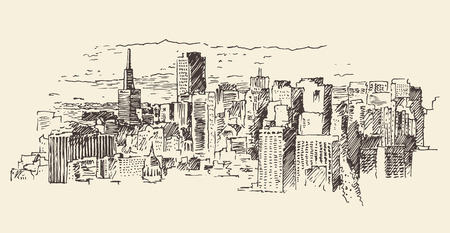 San Francisco big city architecture vintage engraved illustration hand drawn sketchのイラスト素材