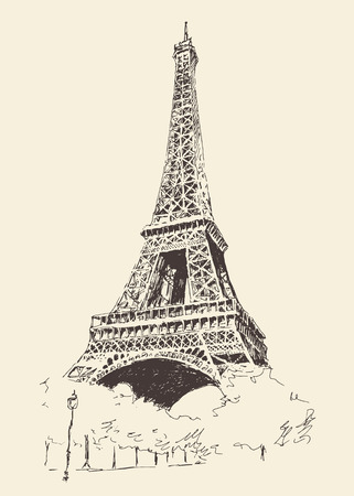 Eiffel Tower Paris France architecture vintage engraved illustration hand drawnのイラスト素材