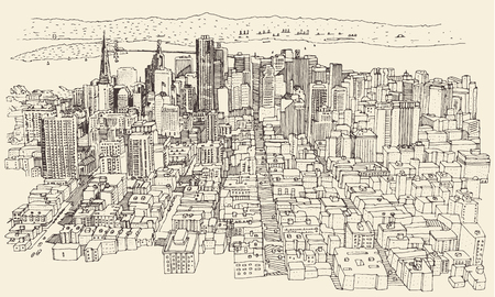 San Francisco big city architecture vintage engraved illustration hand drawn sketchのイラスト素材