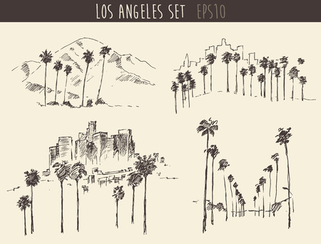 Los Angeles California skyline engraved style hand drawn vector illustrationのイラスト素材
