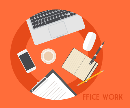Set of Flat vector design illustration of modern business office and workspace. Top view of desk background with laptop, digital devices, office objects with notepadのイラスト素材
