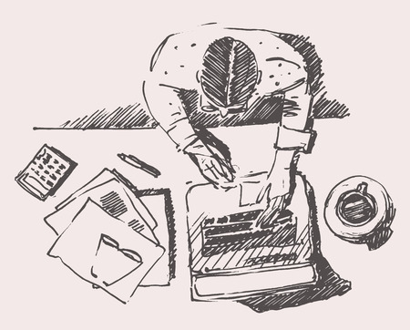 Sketch of man with computer office work Hand drawn illustration Top viewのイラスト素材