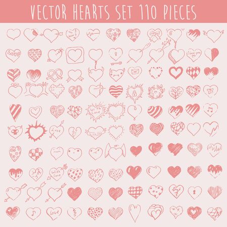Set of vector hearts one hundred ten pieces design elements valentine background hand drawn vector illustrationのイラスト素材