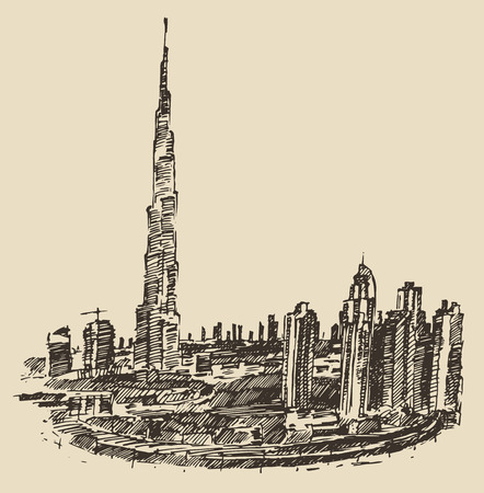 Dubai City skyline detailed silhouette. Hand drawn, engraved vector illustration. Black and Whiteのイラスト素材