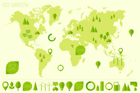 World high detailed map with set of info graphics ecology eco elements and icons flat trendy vector illustrationのイラスト素材