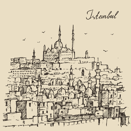 Istanbul Turkey city architecture harbor vintage engraved illustration hand drawn sketchのイラスト素材