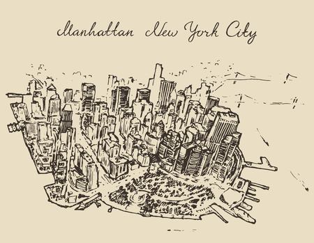 Top view of Manhattan new York, United States hand drawn vector illustration sketch engraved styleのイラスト素材