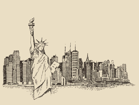 New York city architecture with Statue of Liberty on front vector vintage engraved illustration hand drawn sketchのイラスト素材