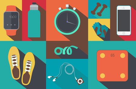 Vector flat icons set of fitness tools fitness elements Gym bag essentials top viewのイラスト素材
