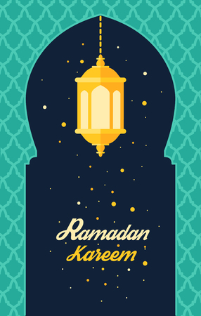 Greeting card template for holy month of muslim community Ramadan Kareem Ramadan fanous on beautiful arabic background Trendy flat vector illustrationのイラスト素材