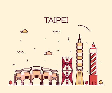 Taipei skyline detailed silhouette Trendy vector illustration linear styleのイラスト素材