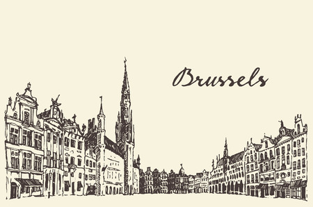 Streets in Brussels vintage vector engraved illustration hand drawn sketchのイラスト素材