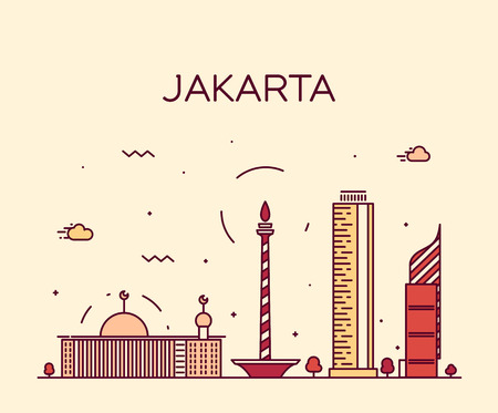 Jakarta skyline detailed silhouette Trendy vector illustration linear styleのイラスト素材