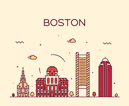 Boston skyline detailed silhouette Trendy vector illustration linear styleのイラスト素材