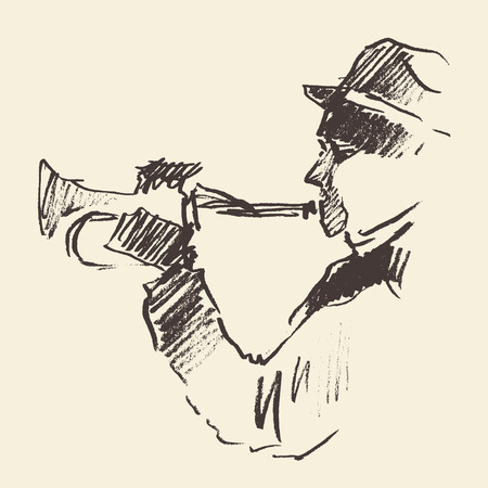 Concept for jazz poster Man playing trumpet Vintage hand drawn illustration sketchのイラスト素材