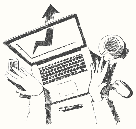 Sketch of hands with computer man doing office work top view hand drawn vector illustrationのイラスト素材