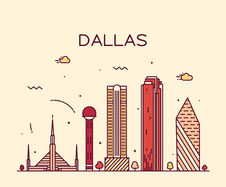 Dallas skyline detailed silhouette Trendy vector illustration linear styleのイラスト素材