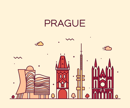 Prague skyline detailed silhouette Trendy vector illustration line art styleのイラスト素材