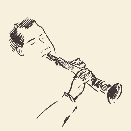 Concept for jazz poster Man playing Clarinet Vintage hand drawn illustration sketchのイラスト素材