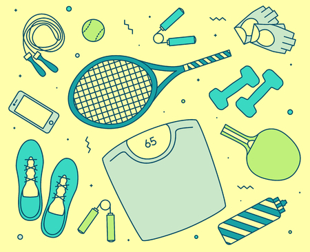 Vector flat icons set of sport tools fitness elements Gym bag essentials top viewのイラスト素材