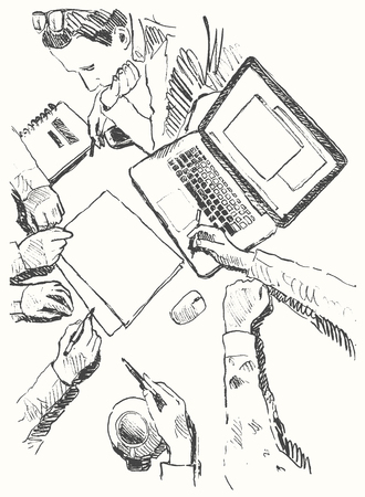 Business team meeting concept top view people on round table sketch vector illustrationのイラスト素材