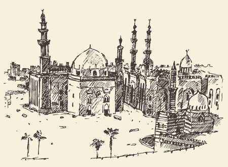 Cairo, big city architecture vintage engraved illustration hand drawn sketchのイラスト素材