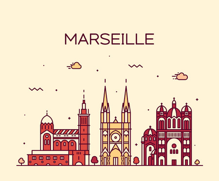 Marseille skyline detailed silhouette Trendy vector illustration linear styleのイラスト素材