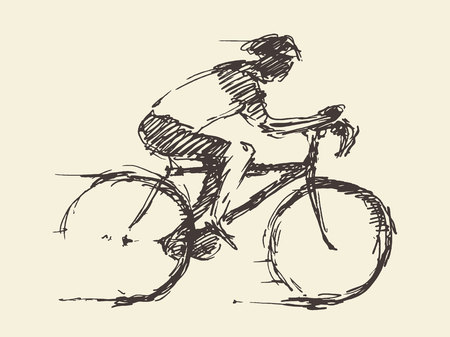 Bicyclist rider man with bike isolated on background vector illustration hand drawn sketchのイラスト素材