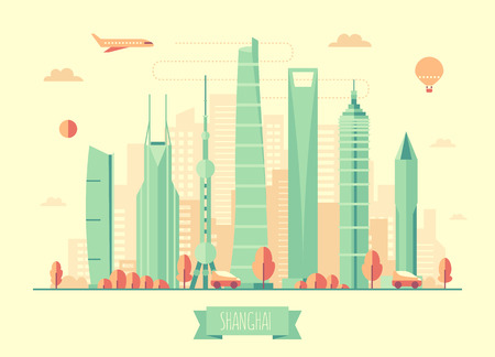 Shanghai skyline architecture vector illustration with plane cars and air balloon flat designのイラスト素材