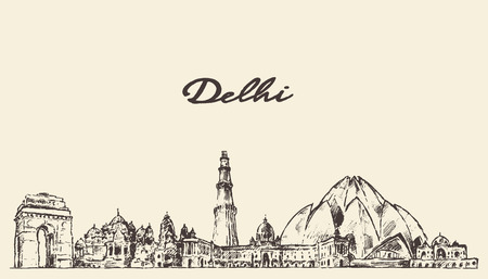 Delhi skyline vector engraved illustration hand drawnのイラスト素材