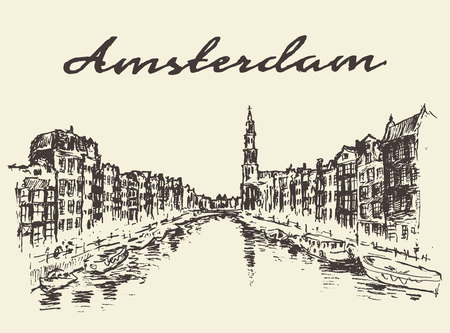 Streets in Amsterdam vector illustration hand drawn sketchのイラスト素材