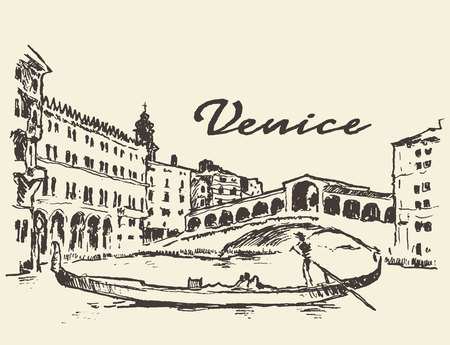 Streets in Venice Italy with gondola vintage engraved illustration hand drawnのイラスト素材
