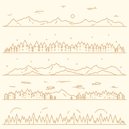 Set of horizontal abstract banners of mountains with fir forest design elements vector illustration linear styleのイラスト素材