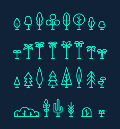 Set kinds trees palms fir spruces bushes cactus linearのイラスト素材