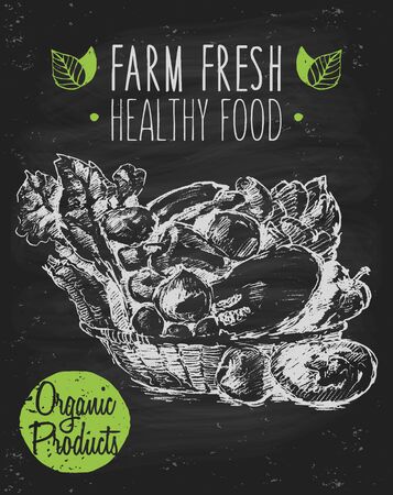 Organic product background on chalkboard farm food poster on blackboard healthy food template hand drawn vector illustrationのイラスト素材