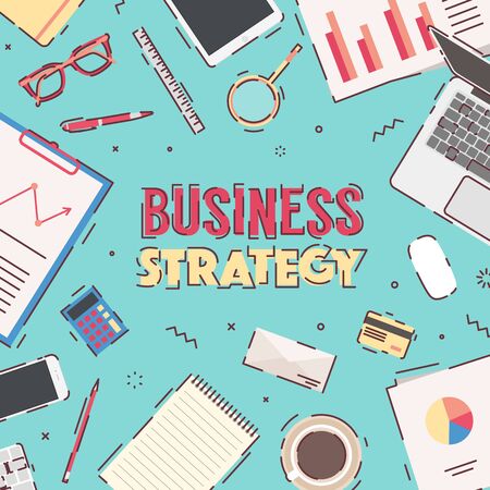 Set of flat design illustration of modern business office and workspace. Top view of desk background with laptop, documents and office objects. Business Strategy Marketing Corporate Conceptのイラスト素材