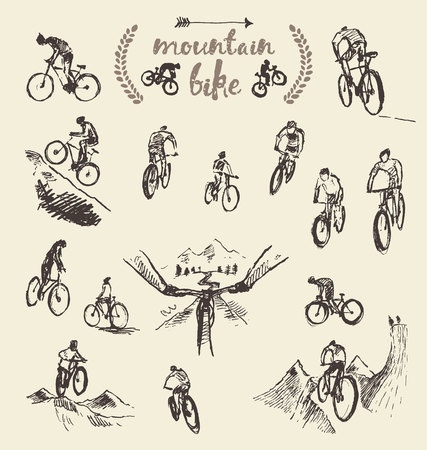 Big set of  mountain bikes, illustration, sketchのイラスト素材