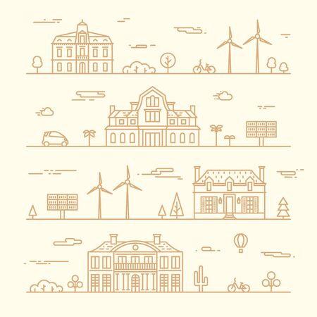 Green city concept detailed silhouette eco theme infographic design elements Trendy illustration linear styleのイラスト素材