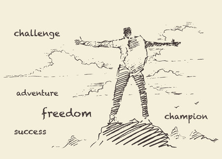 Hand drawn illustration silhouette of a successful climber on a mountain sketchのイラスト素材